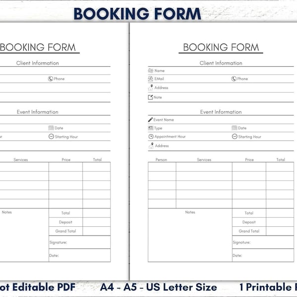 Printable Booking Form, Printable Service Form, Printable Client Form, PDF Booking List Template, Instant, PDF, A4, A5, Letter, Appointment