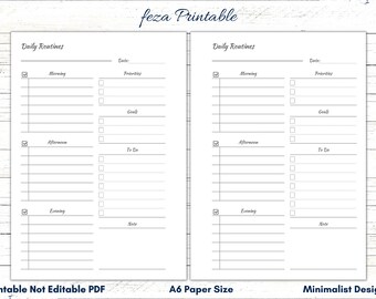 May include: Printable daily routine planner with sections for morning, afternoon, and evening. The planner has checkboxes for tasks and space for notes. The planner is designed for A6 paper size.