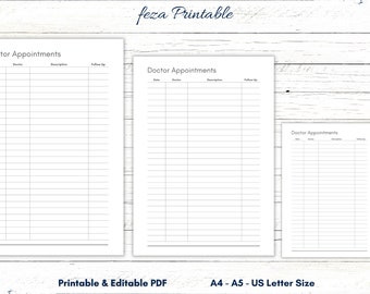 Doctor Appointment Tracker, Printable Minimalist Template (PDF)