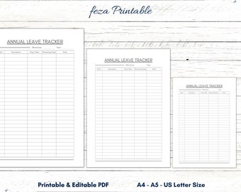 Printable Annual Leave Tracker Template, Editable Work Vacation Log (Digital Download)