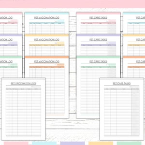 Peut inclure: Mod&egrave;les imprimables de journaux de soins et de vaccination pour animaux de compagnie. Les mod&egrave;les sont dans une vari&eacute;t&eacute; de couleurs pastel, y compris le rose, le bleu, le vert et le jaune. Le texte sur les mod&egrave;les est noir. Les mod&egrave;les sont con&ccedil;us pour aider les propri&eacute;taires d'animaux &agrave; suivre les soins et les vaccinations de leurs animaux de compagnie.