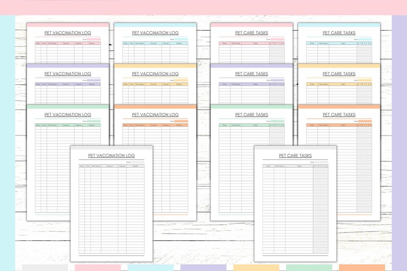 Peut inclure: Mod&egrave;les imprimables de journaux de soins et de vaccination pour animaux de compagnie. Les mod&egrave;les sont dans une vari&eacute;t&eacute; de couleurs pastel, y compris le rose, le bleu, le vert et le jaune. Le texte sur les mod&egrave;les est noir. Les mod&egrave;les sont con&ccedil;us pour aider les propri&eacute;taires d'animaux &agrave; suivre les soins et les vaccinations de leurs animaux de compagnie.