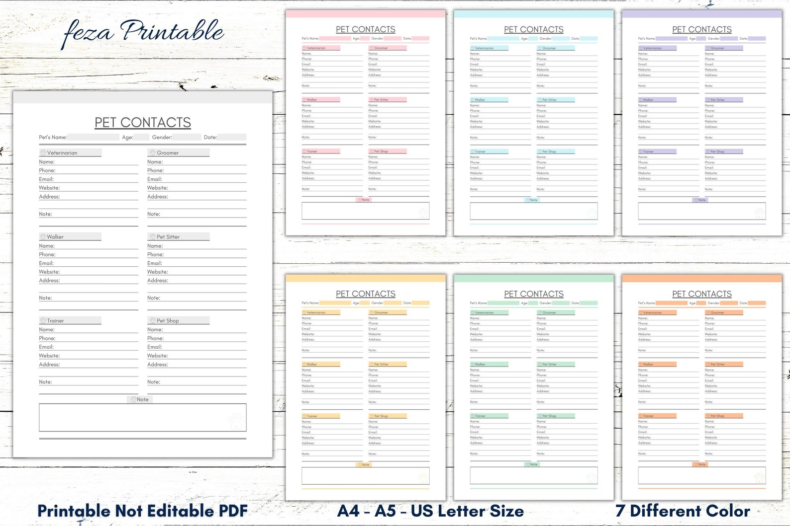Printable Pet Contact Sheet, PDF Pet Sheet, Pet Contacts Template
