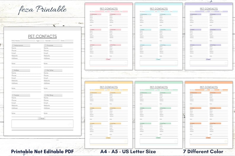 Printable Pet Contact Sheet, PDF Pet Sheet, Pet Contacts Template