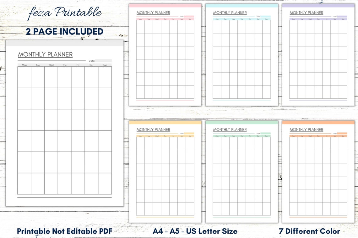 Printable Monthly Planner, PDF Monthly Calendar, PDF Monthly Organizer ...