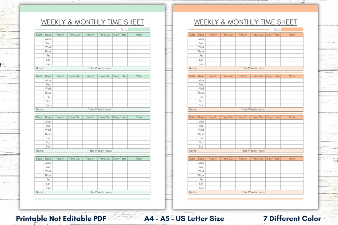 Printable Time Sheet, Weekly and Monthly Time Sheet, Employee Time in ...