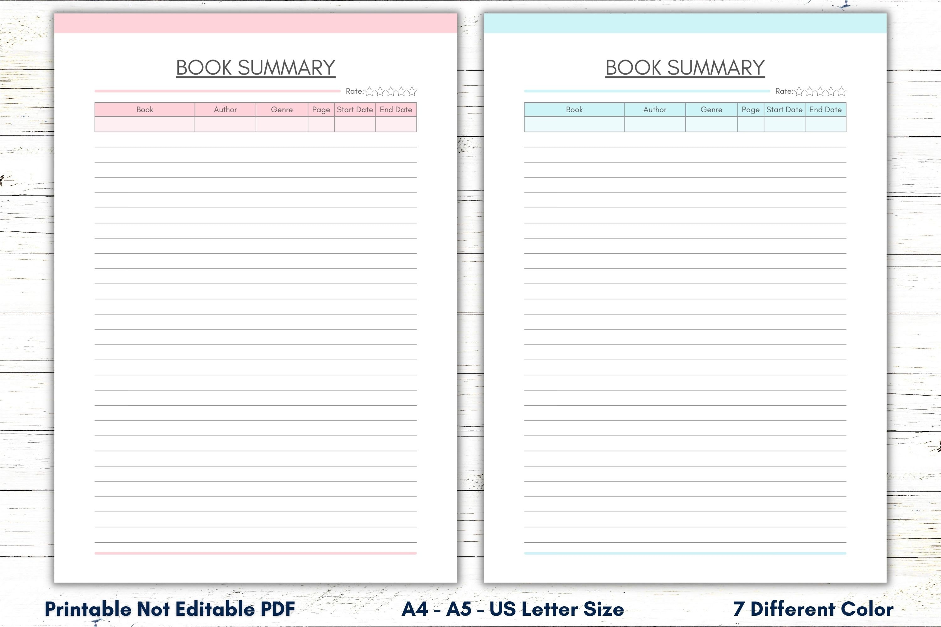 Book Summary Page Template Printable, Summary Sheet, Book Planner