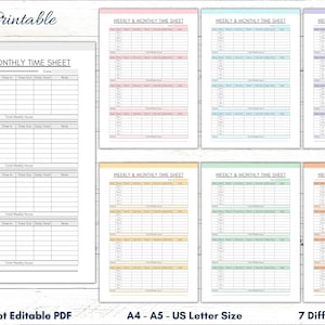 Afdrukbare urenstaat, wekelijkse en maandelijkse urenstaat, time-in-time-outsjabloon voor werknemers, tijdplanner voor werknemers, time-in-time-outplanner