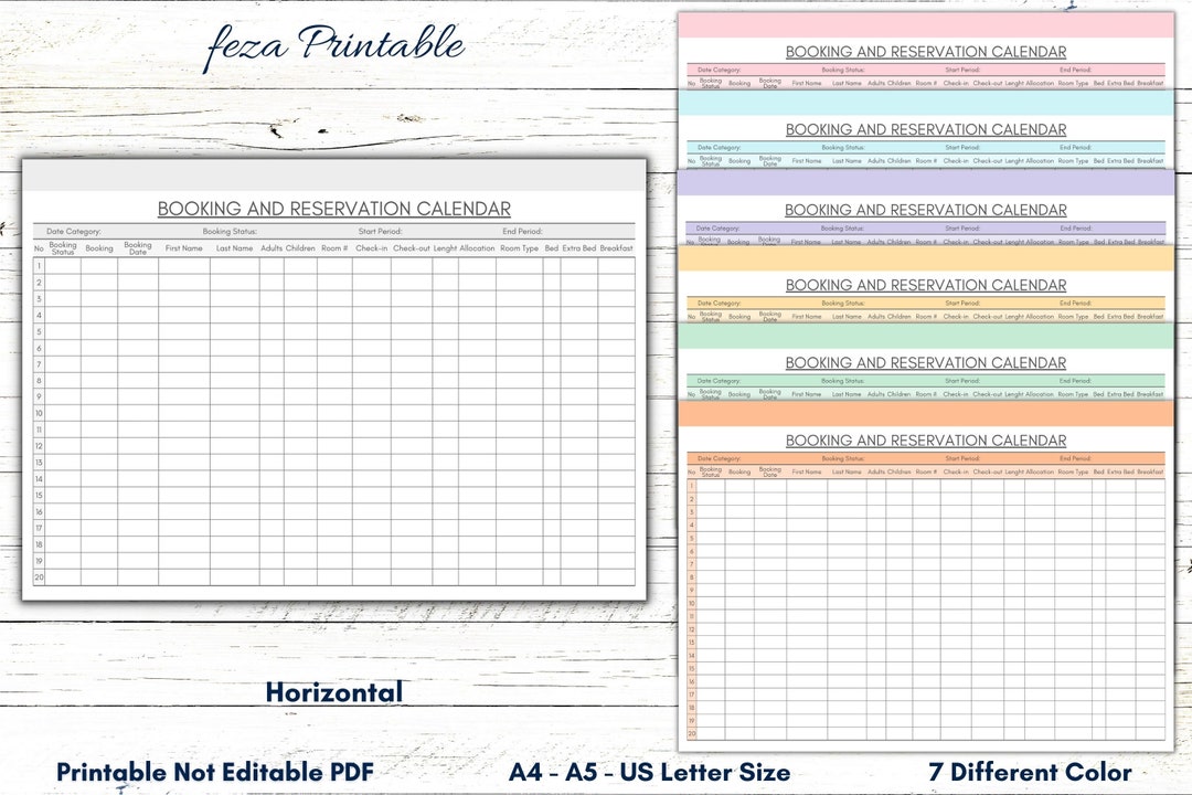 Printable Booking & Reservation Calendar, Printable Booking Template