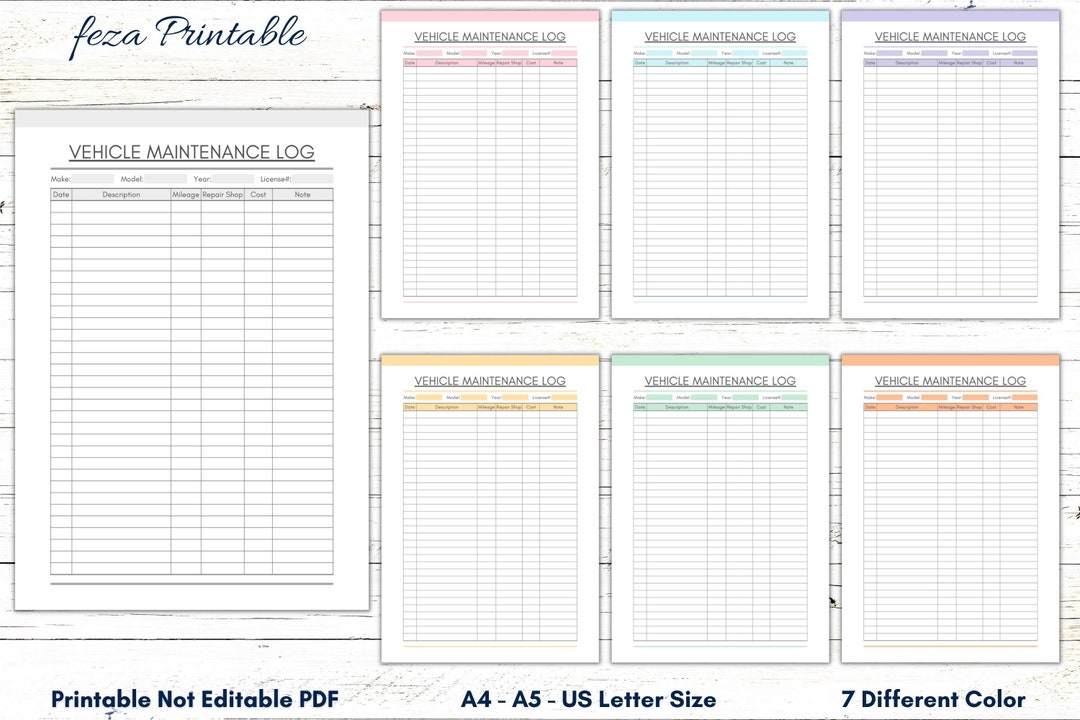 Printable Vehicle Maintenance Log Template, Car Maintenance Tracker, Vehicle Repair Sheet ...