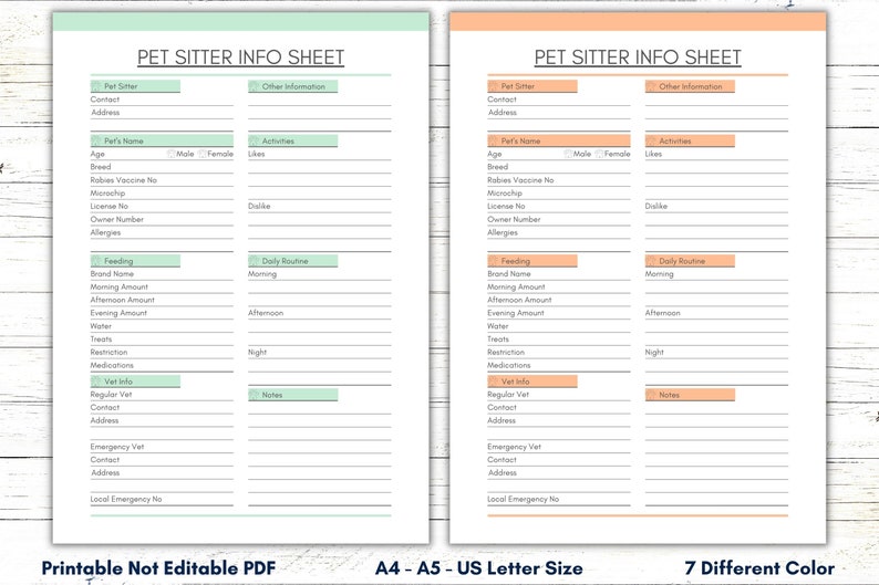 Printable Pet Sitter Information Sheet, Pet Sitter Information Template, Printable Pet Sitter ...