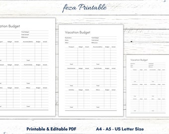 Editable Vacation Budget Planner, Printable Travel Tracker (PDF)
