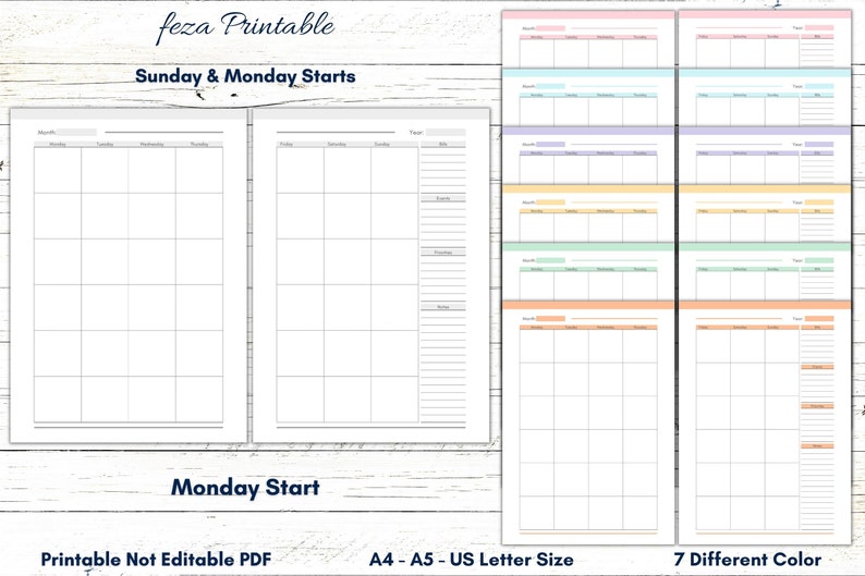 Printable Monthly Calendar, Printable Monthly Organizer, Printable Monthly Planner, Printable ...