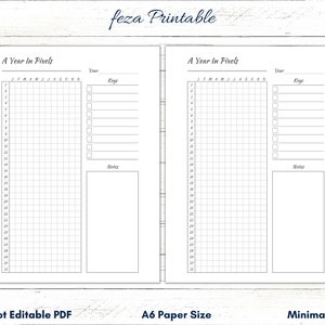 Puede incluir: Un planificador imprimible de tamaño A6 con un diseño minimalista. El planificador está dividido en dos páginas, cada una con una cuadrícula que representa un año. La cuadrícula está etiquetada con los meses y los días de la semana. Cada página tiene una sección para notas y claves.
