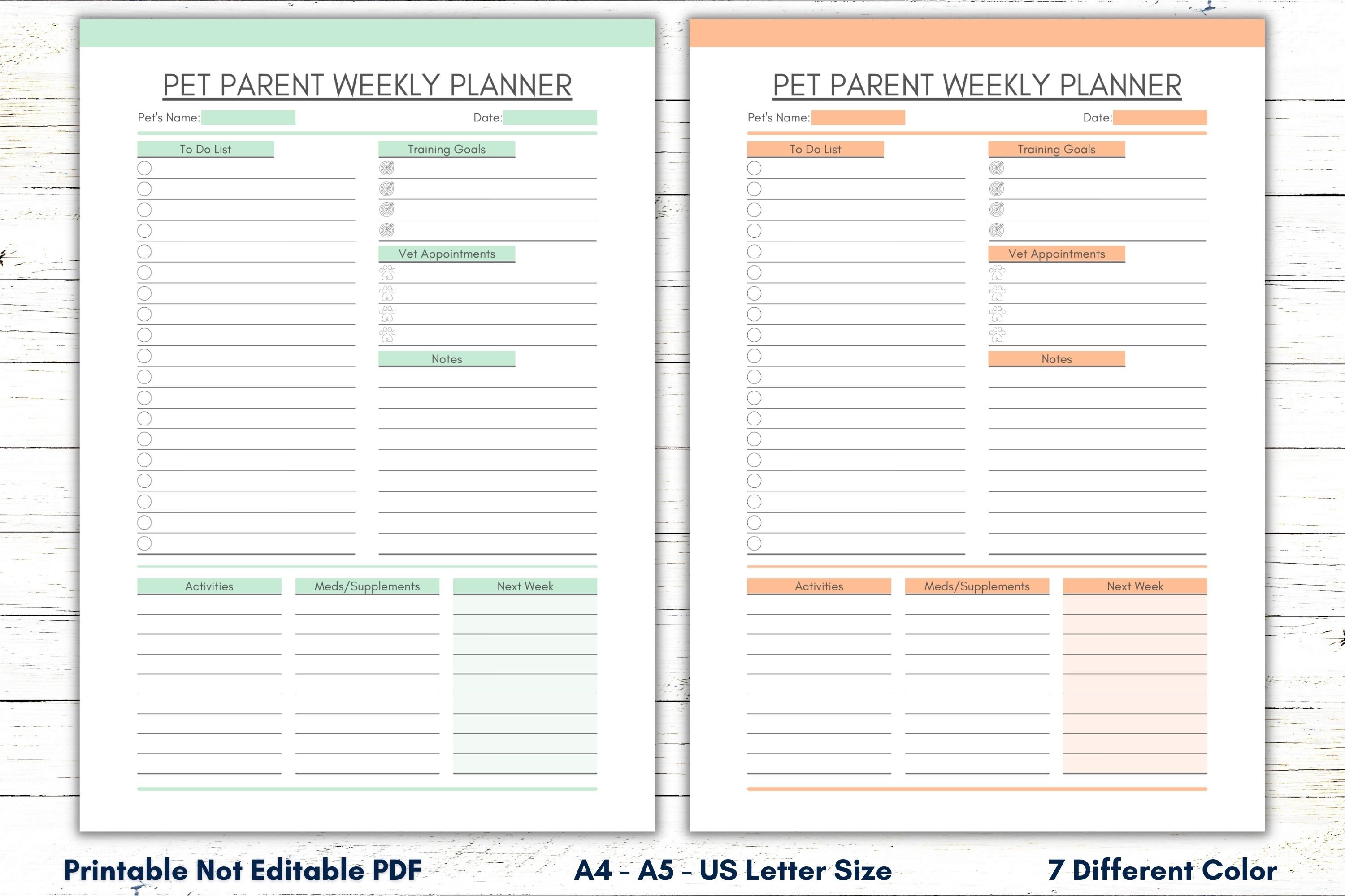 Printable Pet Parent Weekly Planner, Pet Weekly Planner, Pet Weekly ...