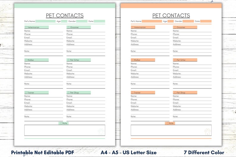 Printable Pet Contact Sheet, PDF Pet Sheet, Pet Contacts Template