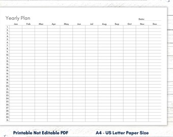 May include: A blank yearly planner with a grid layout for each month of the year. The months are labeled January through December. The planner is designed for use with US Letter size paper.