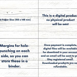 May include: A digital printable product for A6 size paper (105 x 148 mm). The printable has margins for hole-punching on each side, so it can be stored in a binder. The text states that this is a digital product and no physical product will be sent. Once payment is complete, digital files will be available for download in your account and an email will be sent to your Etsy registered email. Downloaded products are non-refundable.