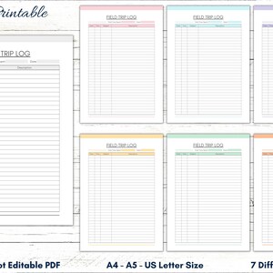 Può includere: Fogli di registro delle gite scolastiche stampabili in sette colori diversi. Ogni foglio ha un'intestazione che recita "Field Trip Log" e include sezioni per data, ora, argomento e descrizione. Il testo "feza Printable" si trova in alto a sinistra.