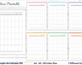May include: Seven printable calendar pages in different colors: pink, light blue, purple, yellow, green, orange, and white. Each page has a grid for a month with days of the week labeled: Monday, Tuesday, Wednesday, Thursday, Friday, Saturday, Sunday. The text "feza Printable" is at the top of the image. The text "Printable Not Editable PDF" is at the bottom left. The text "A4 - A5 - US Letter Size" is at the bottom center. The text "7 Different Color" is at the bottom right.