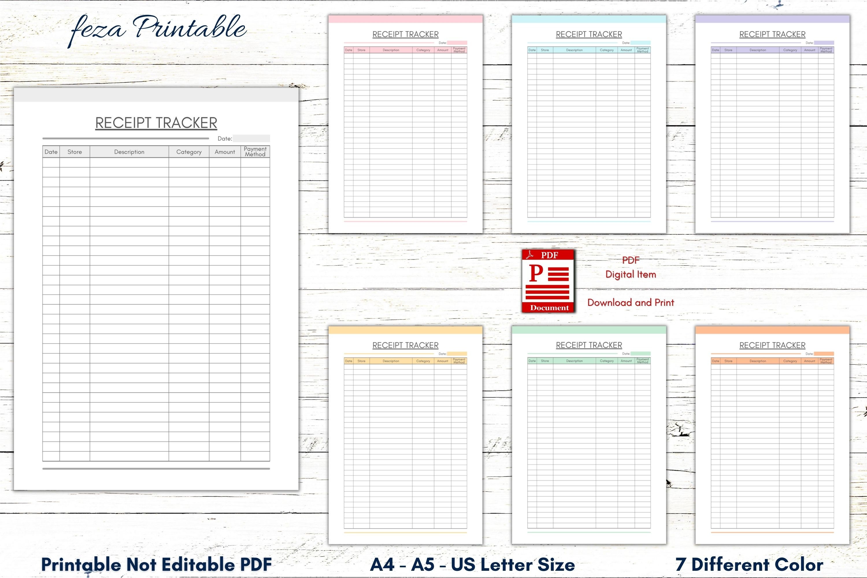 Printable Receipt Tracker, Receipt Sheet, Receipt Log Template, Receipt