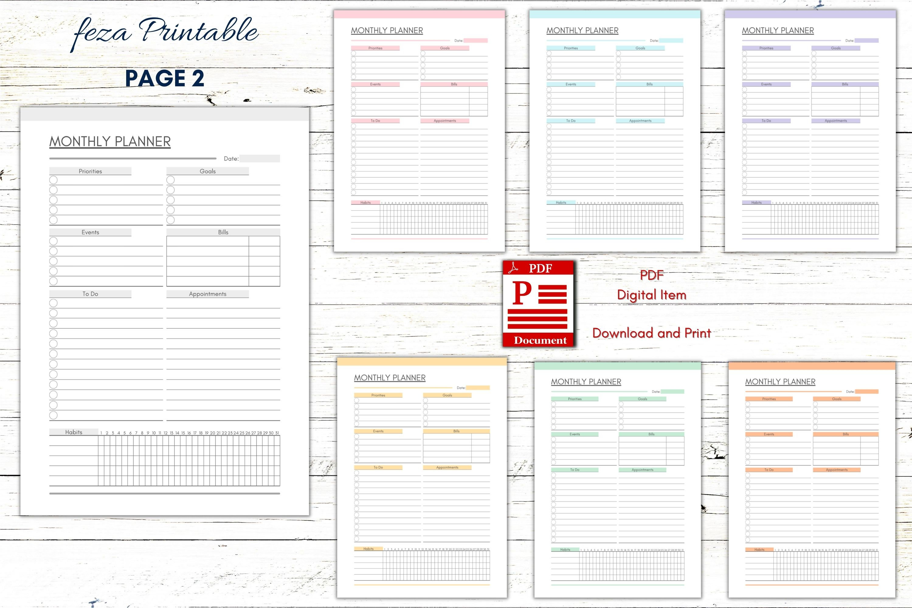 Printable Monthly Planner, PDF Monthly Calendar, PDF Monthly Organizer ...