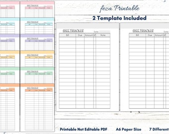 May include: Printable bill tracker template in A6 size. The template has seven different colors and includes two pages. The template is not editable and is a PDF file.