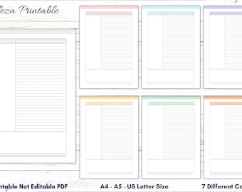 May include: Printable planner pages in seven different colours: light pink, light blue, light green, light purple, light orange, yellow, and white. The pages are divided into two columns, with a larger column on the right and a smaller column on the left. The pages are labelled "A4 - A5 - US Letter Size" and "7 Different Colour".