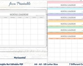 Undated Monthly Calendar, Horizontal Planner, A4 A5 US Letter (PDF)