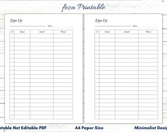 A6 Sign Up Sheet Template, Printable Registration List (PDF)