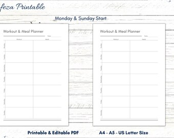 Weekly Workout Planner, Weekly Meal Planner, Workout & Meal Planning Printable, Editable Fillable, Exercise, Fitness Planner, Health Planner