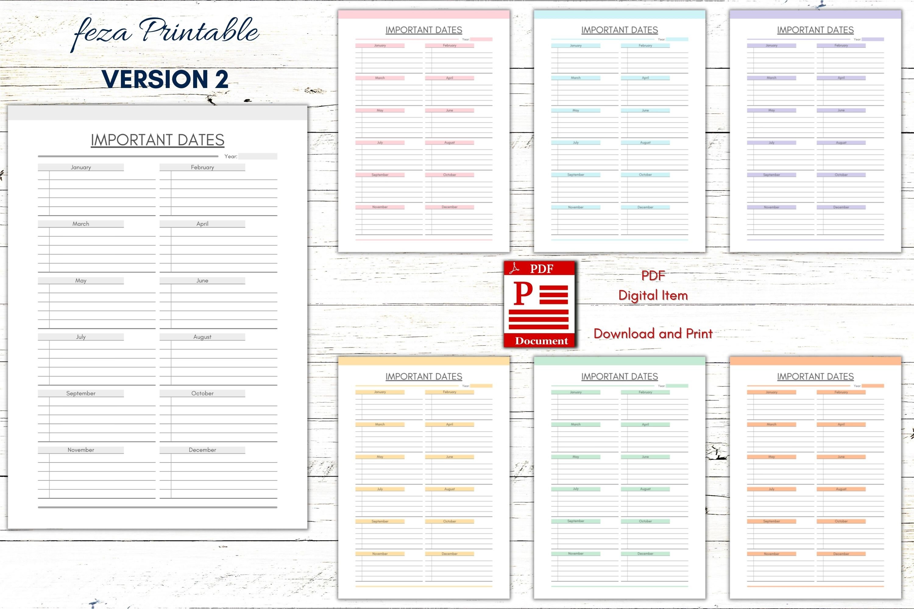Printable important dates sheet pdf important dates tracker pdf dates