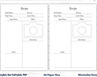 A6 Recipe Page Template, Minimalist Printable (PDF)
