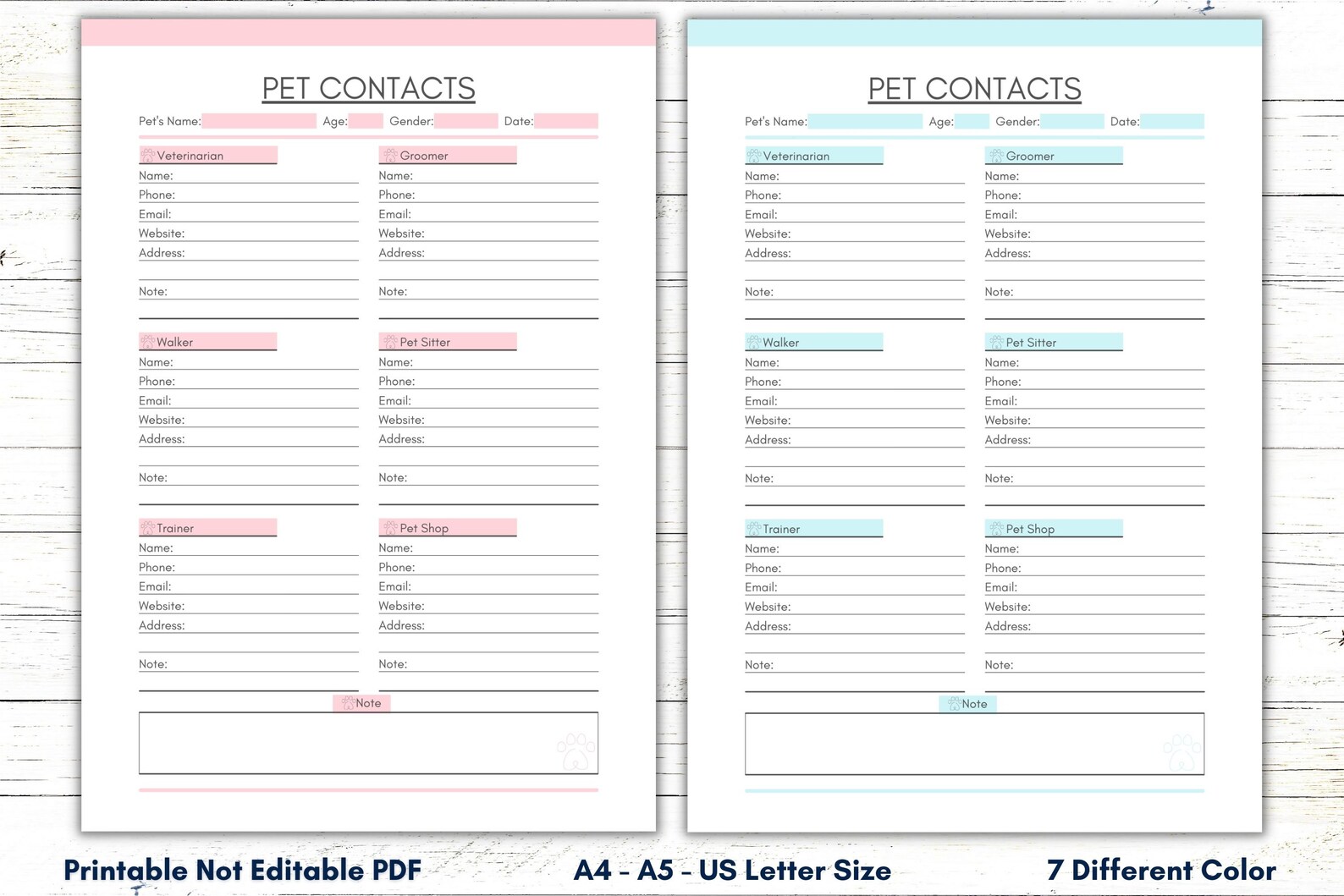 Printable Pet Contact Sheet, PDF Pet Sheet, Pet Contacts Template
