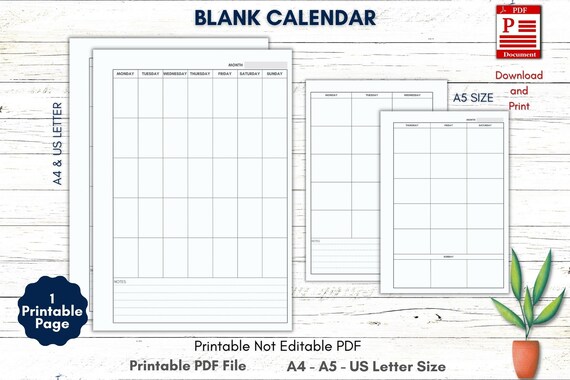 Printable Blank Calendar Minimalist Calendar Blank Monthly | Etsy