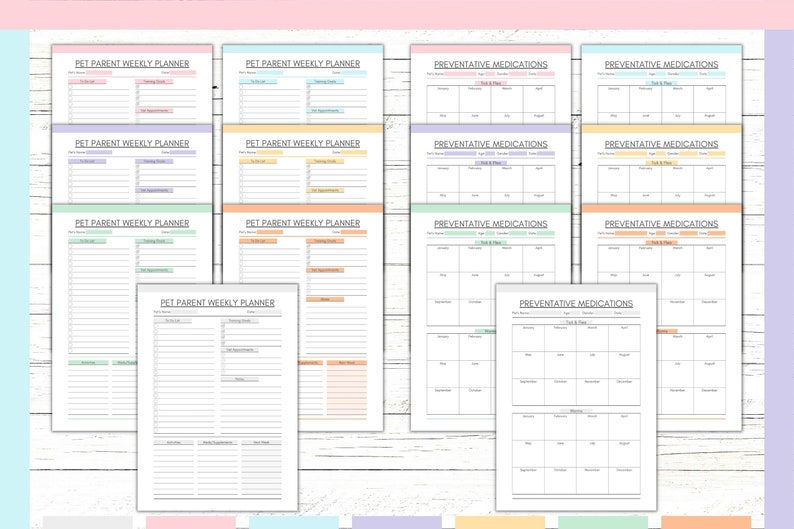 Peut inclure: Planificateur hebdomadaire pour parents d'animaux de compagnie et suivi des m&eacute;dicaments pr&eacute;ventifs imprimable. Les pages sont dans des couleurs pastel avec un fond en bois clair.