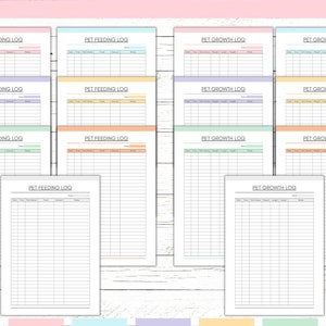 Peut inclure: Mod&egrave;les imprimables de journaux de nourriture et de croissance pour animaux de compagnie. Les mod&egrave;les sont de couleurs pastel et ont un design simple. Le texte "PET FEEDING LOG" et "PET GROWTH LOG" est en haut de chaque mod&egrave;le.