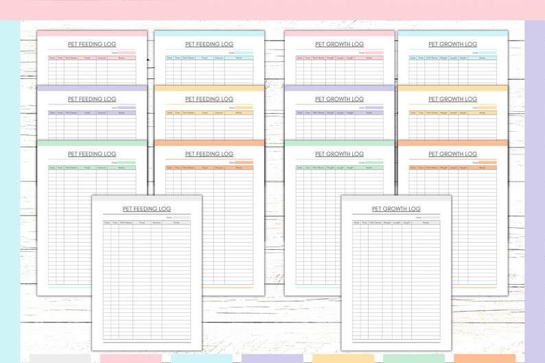Peut inclure: Mod&egrave;les imprimables de journaux de nourriture et de croissance pour animaux de compagnie. Les mod&egrave;les sont de couleurs pastel et ont un design simple. Le texte "PET FEEDING LOG" et "PET GROWTH LOG" est en haut de chaque mod&egrave;le.