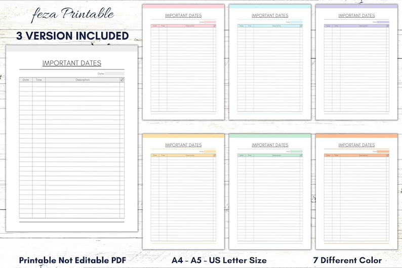 Printable Important Dates Sheet PDF Important Dates Tracker Etsy Canada