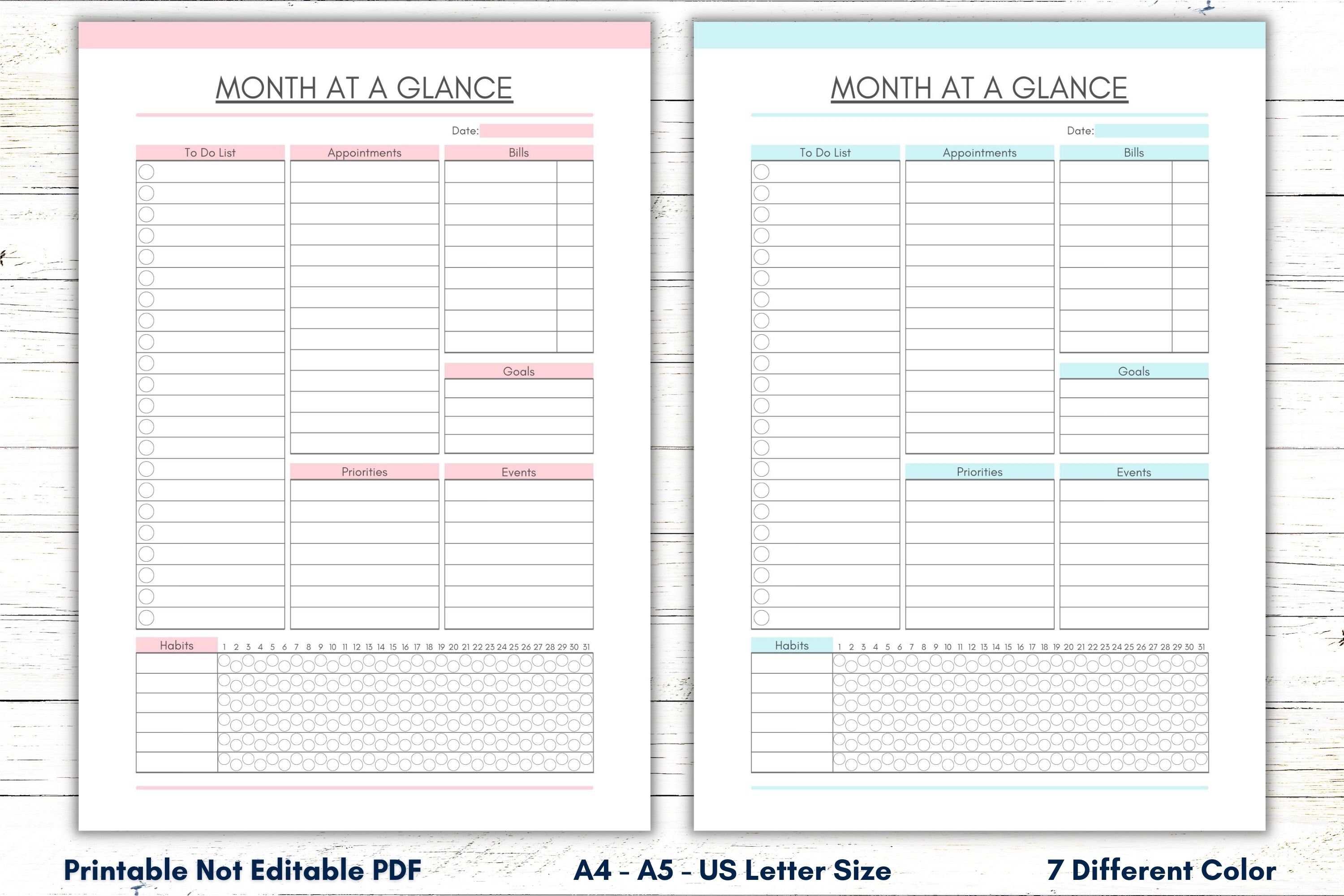 Printable One Line A Day and Month at A Glance Template, PDF Monthly