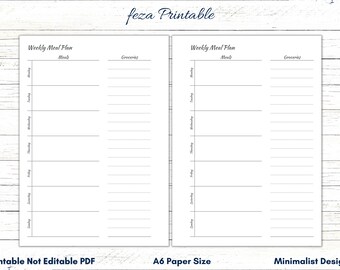 A6 Weekly Meal Planner, Grocery List Printable (PDF)