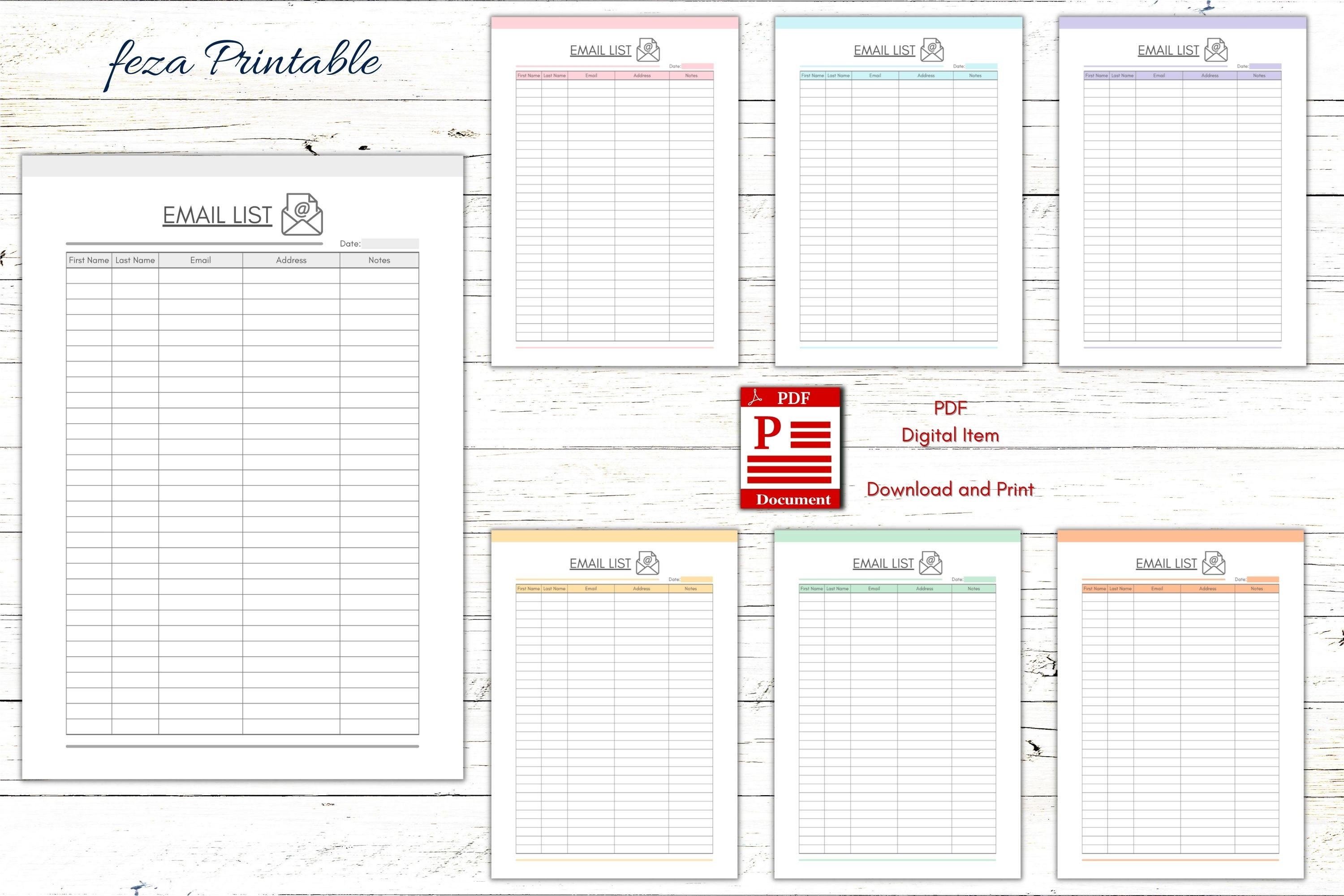 Printable Email List Template, Printable Email List Sheet, Mailing ...
