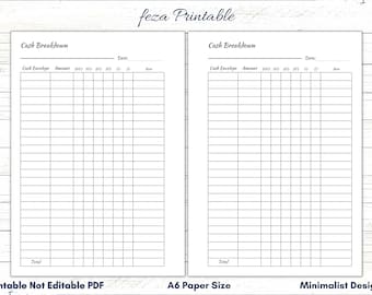 A6 Cash Breakdown Printable, Money Breakdown Sheet (PDF)