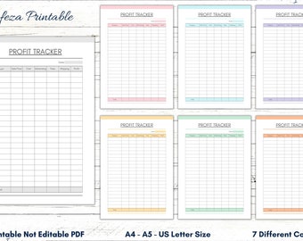 Pode incluir: Sete folhas de rastreamento de lucros imprimíveis em diferentes cores: rosa, azul claro, roxo, amarelo, verde, verde claro e laranja. Cada folha tem o título "Profit Tracker" e colunas para produto, preço de venda, custo, publicidade, taxa, envio e lucro. As folhas são etiquetadas como "Printable Not Editable PDF" e "A4 - A5 - US Letter Size".
