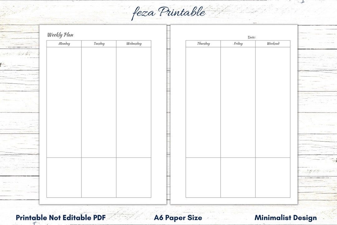 A6 Weekly Planner Insert, Weekly Planner Printable, Weekly Planner ...