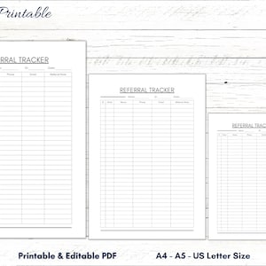 Könnte beinhalten: Drei druckbare Referenz-Tracker-Blätter in verschiedenen Größen: US Letter, A4 und A5. Jedes Blatt hat eine Kopfzeile mit der Aufschrift "Referral Tracker" und Spalten für Datum, Name, Telefon, E-Mail und Referenznotizen.
