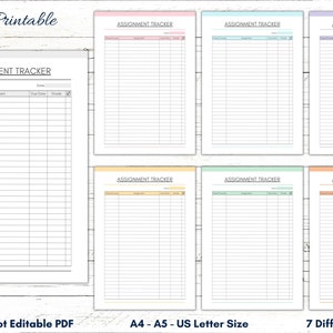 Puede incluir: Siete páginas imprimibles de seguimiento de tareas en diferentes colores: rosa, azul, amarillo, verde, naranja, morado y azul claro. Cada página tiene un encabezado que dice "Assignment Tracker" e incluye columnas para la clase, la tarea, la fecha de vencimiento, la calificación y una marca de verificación. El texto en la parte inferior de la imagen dice "Printable Not Editable PDF, A4-A5-US Letter Size, 7 Different Colors".
