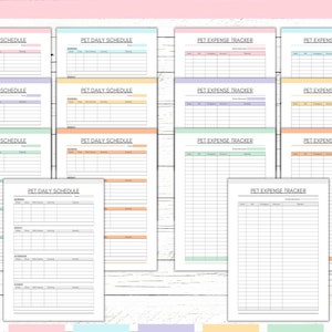 Peut inclure: Mod&egrave;les imprimables de planning quotidien et de suivi des d&eacute;penses pour animaux de compagnie dans diff&eacute;rentes couleurs pastel. Les mod&egrave;les comprennent des sections pour les activit&eacute;s, l'heure, les notes et les d&eacute;penses.