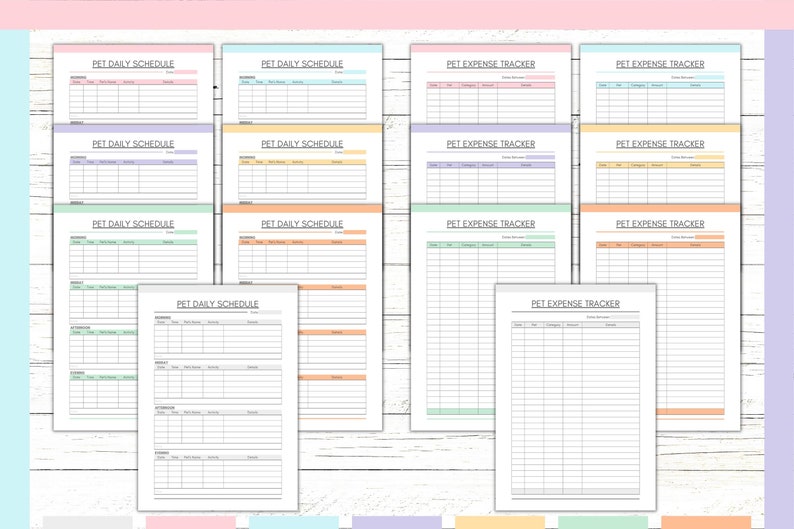 Peut inclure: Mod&egrave;les imprimables de planning quotidien et de suivi des d&eacute;penses pour animaux de compagnie dans diff&eacute;rentes couleurs pastel. Les mod&egrave;les comprennent des sections pour les activit&eacute;s, l'heure, les notes et les d&eacute;penses.