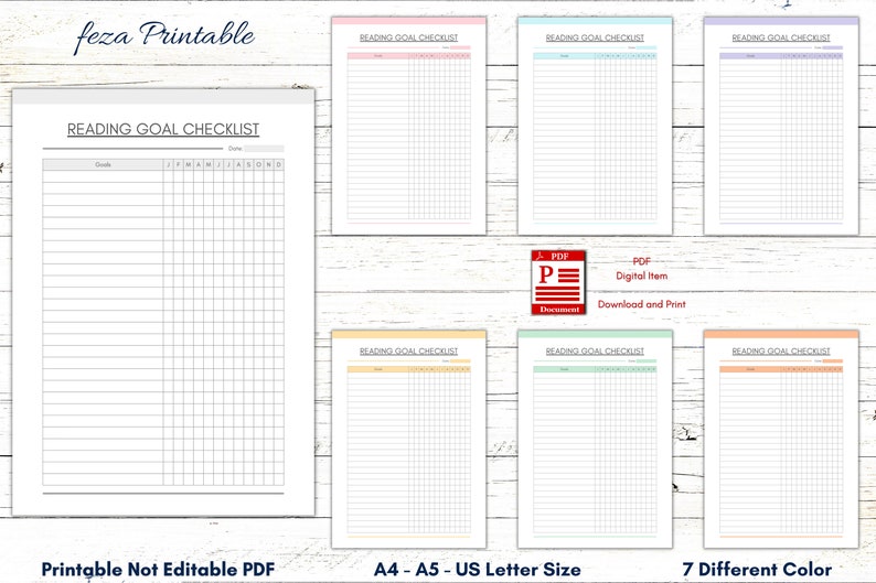 Reading Goals Checklist Printable Template, Reading Goal Journal, Reading Habits Tracker